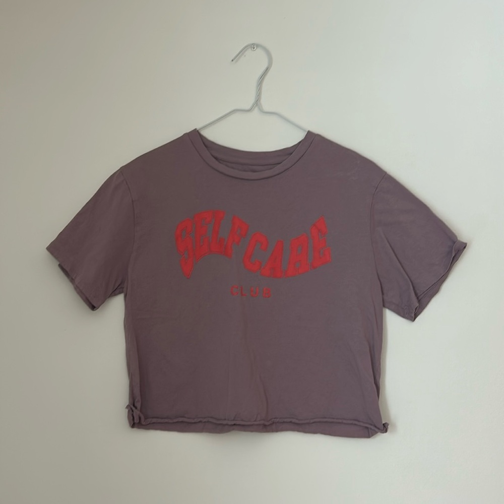 “Self Care” purple and peach cropped T shirt